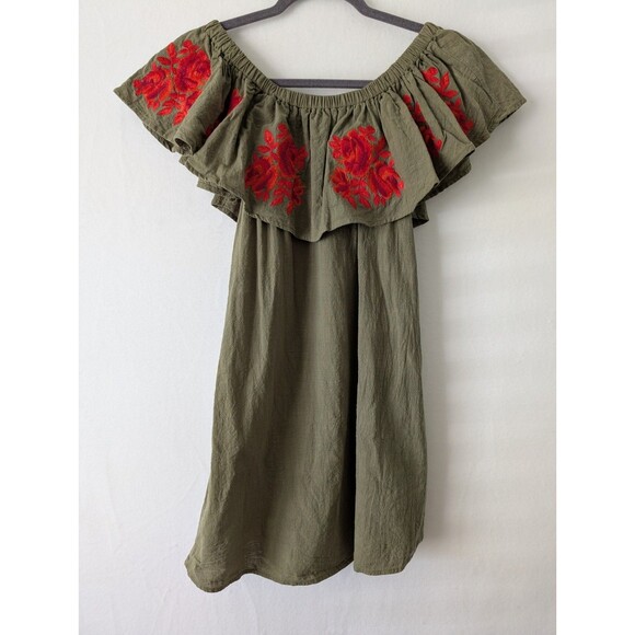 Umgee Women’s Size Small Green Red Floral Off Shoulder Dress - Picture 5 of 7